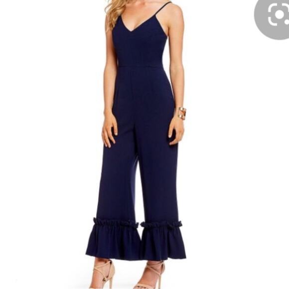 Gianni Bini Navy Blue Ruffle Hem Wide Leg Jumpsuit 0 - Picture 12 of 12